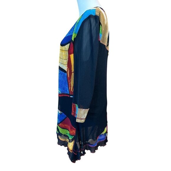 Lior Paris Size Large Tunic 3/4 Mesh Sleeve Asymmetric Patchwork Artsy Top - Picture 3 of 16